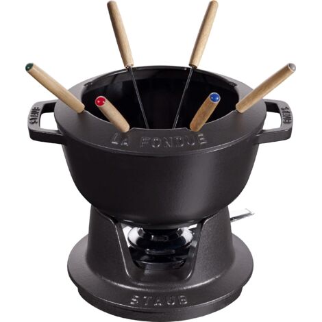STAUB- Service à Fondue en Fonte, avec 6 Fourchettes à Fondue, Pour Fondue Savoyarde, Bourguignonne et au Chocolat, Ø 20 cm, Noir Mat