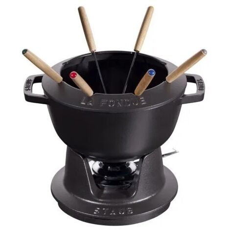 STAUB- Service à Fondue en Fonte, avec 6 Fourchettes à Fondue, Pour Fondue Savoyarde, Bourguignonne et au Chocolat, Ø 20 cm, Noir Mat