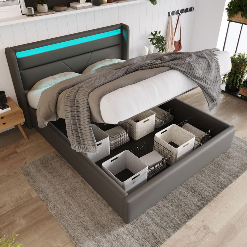 Modenvie Stauraumbett 140×200 Cm, Doppelbett Mit Bettkasten, Led Verstellbar Und Fernbedienung, Ohne Matratze, Aus Pu, Grau
