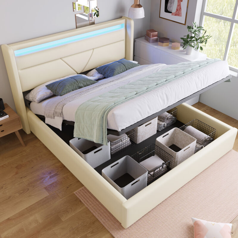 Modenvie Stauraumbett 140×200 Cm, Doppelbett Mit Led Verstellbar, Fernbedienung Und Hydraulik, Ohne Matratze, Aus Pu, Weiß