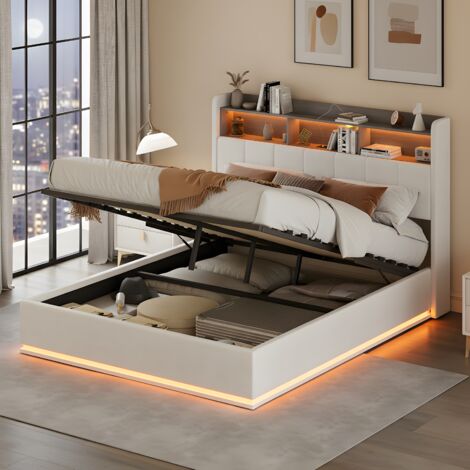 Stauraumbett 140x190 cm mit LED-Beleuchtung und USB/Type-C Anschlüssen, gepolstertes Doppelbett für Erwachsene, Kopfteil mit Stauraum, Samt, moderner Stil, Weiß
