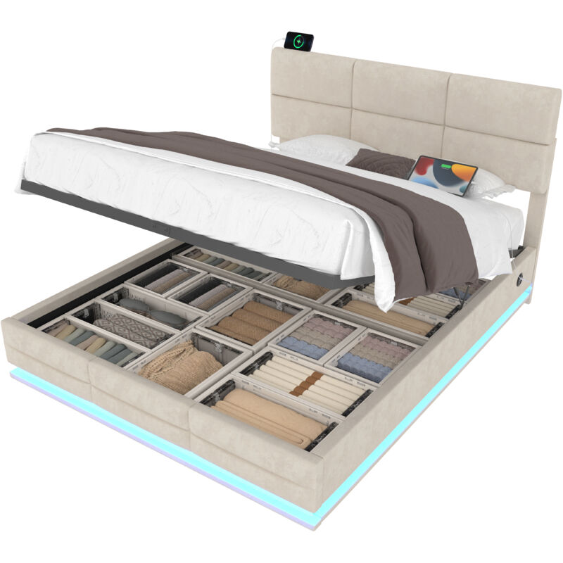 Mivray Stauraumbett 160x200 Cm Mit Hydraulisch Hochklappbarer Gestell, Beige Samt