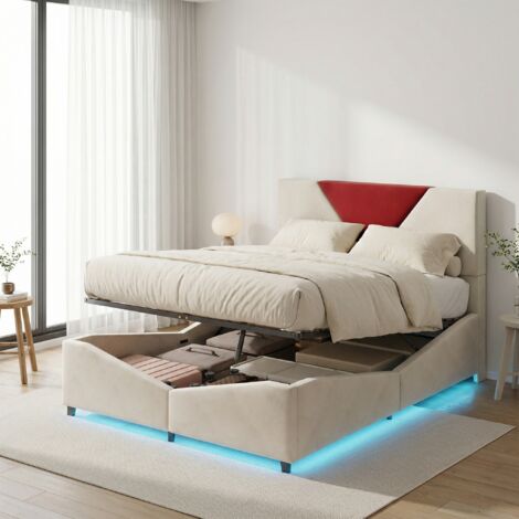 Stauraumbett 160x200, Doppelbett mit hydraulischem Stauraum und LED-Beleuchtung, Polsterbett aus Samt, modernes Design mit kontrastierendem Dreiecksmuster, Beige
