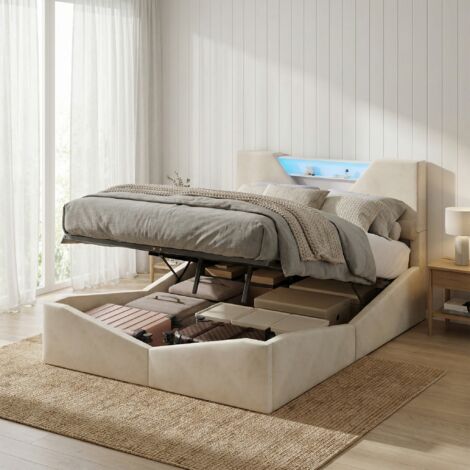 Stauraumbett 160x200, Doppelbett mit LED-Beleuchtung, Kopfteil mit integriertem Stauraum, Polsterbett aus Samt, modernes Design, Beige