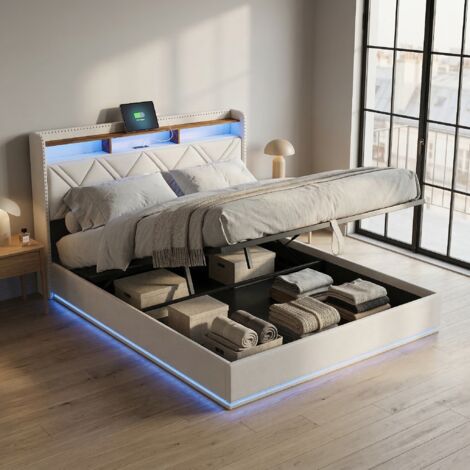 Stauraumbett 160x200, gepolstertes Doppelbett mit Steppmuster, LED-Beleuchtung und USB/Type-C Anschlüssen, Kopfteil mit Stauraum, Erwachsenenbett, Leinenstoff, moderner Stil, Beige