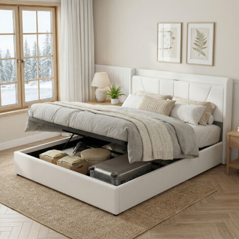 Stauraumbett 160x200 mit Lattenrost, Polsterbett mit USB/Typ-C, Kopfteil mit Stauraum, Bettgestell mit hydraulischem Stauraum, Bett Erwachsene, Leinen, Skandi, Beige