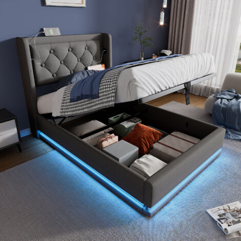 Stauraumbett 90×200 cm, Einzelbett mit USB, Typ C, Verstellbare LED und Gepolstertes Kopfteil, ohne Matratze, aus Baumwolle, Grau