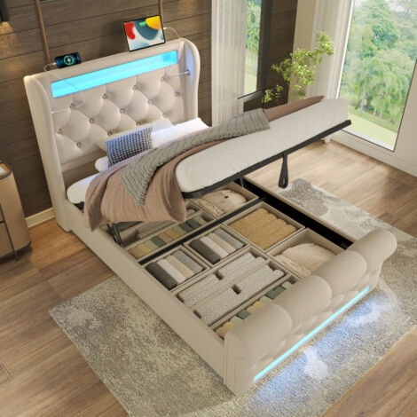 Stauraumbett 90x200 cm, Erwachsenenbett mit LED-Beleuchtung und USB-Anschluss, beiger Samtstoff, ohne Matratze (inkl. Lattenrost)