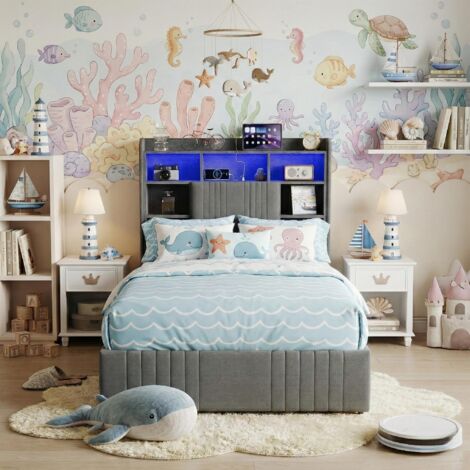 Stauraumbett 90x200 cm mit 4 Schubladen, Einzelbett mit LED-Beleuchtung & USB, inkl. Holzlattenrost, Leinenstoff, Grau