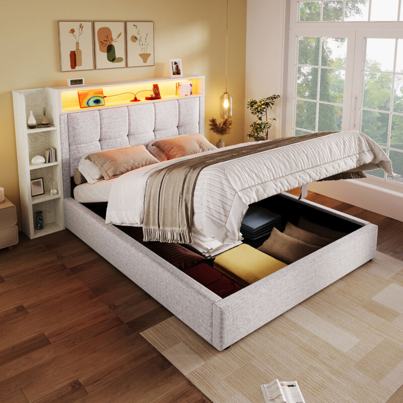Mivray Stauraumbett 90x200 Cm Mit Hydraulischer Gestell, Beige Stoff