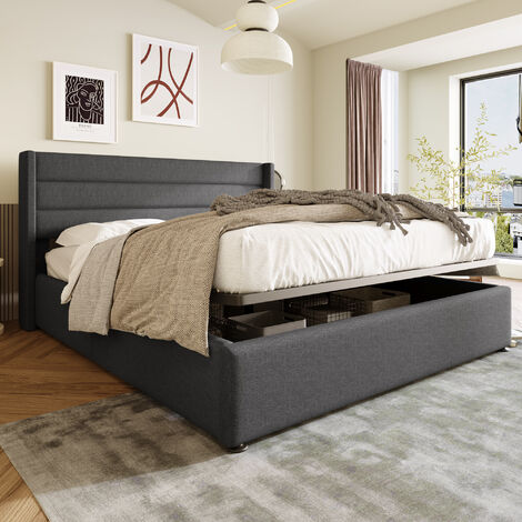 Stauraumbett  Polsterbett Hydraulisch Doppelbett 140x200cm,, Lattenrost aus Holz, Bett mit Lattenrost aus Metallrahmen, Leinen, Grau