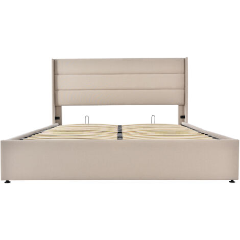 Stauraumbett Polsterbett Leinen Beige 160x200 cm, hydraulisch, mit Matratze und Lattenrost