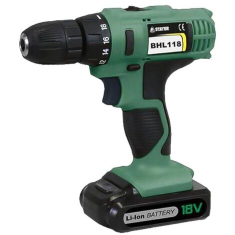 STAYER taladro atornillador 18v- bhl118k con bateria , Taladro atornillador BHL 118K Batería de litio de 18V de larga duración Portabrocas automático Velocidad regulabl