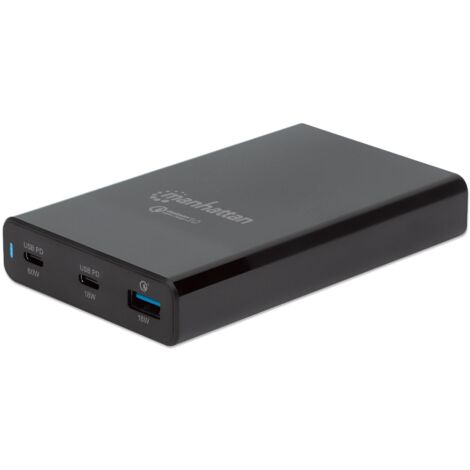 Stazione di Ricarica USB-C PD 65W Manhattan con Quick Charge 3.0, 2x USB-C e 1x USB-A, Nero
