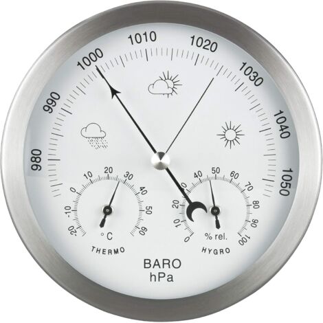 Stazione meteo analogica 3 in 1 in acciaio inox Ø14 cm - Barometro, termometro, igrometro