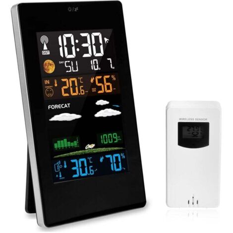 Stazione Meteo Wireless con Sensore Esterno, Display a Colori Radio Digitale Multifunzione DCF, Termometro Igrometro per Interni ed Esterni con Previsioni Meteo