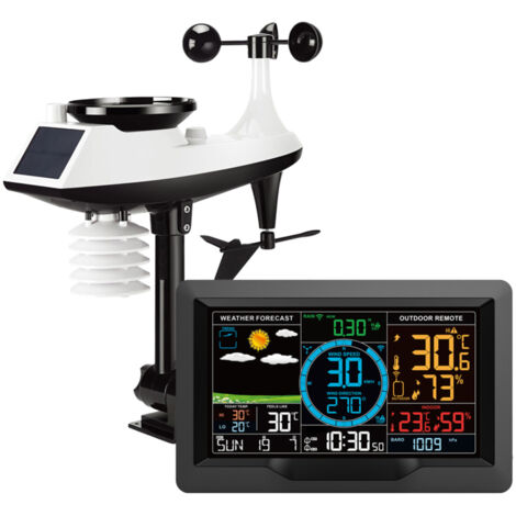 Stazione meteorologica professionale FJ3390A: temperatura, umidità, velocità del vento, rilevamento delle precipitazioni, orologio con previsioni del tempo.
