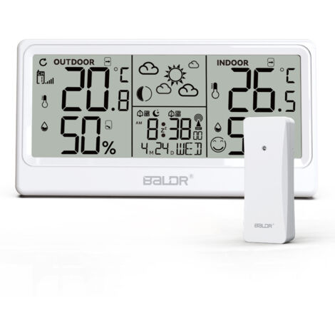Stazione meteorologica radio con sensore esterno DCF, orologio radiocontrollato, termometro digitale, igrometro, funzionamento a batteria, per uso interno ed esterno, con previsioni meteo, bianco