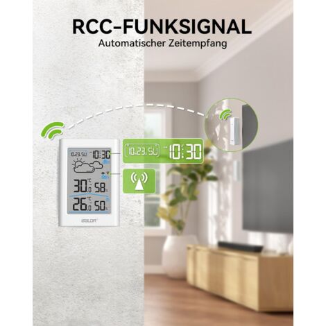 Stazione meteorologica radio con sensore esterno, orologio digitale radiocontrollato DCF, termometro interno/esterno, termometro ambiente, igrometro, previsioni del tempo, visualizzazione
