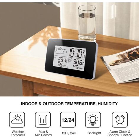Stazione meteorologica radio wireless con sensore esterno, termometro e igrometro digitale per interni ed esterni - Previsioni meteo, sveglia, retroilluminazione per camera da letto