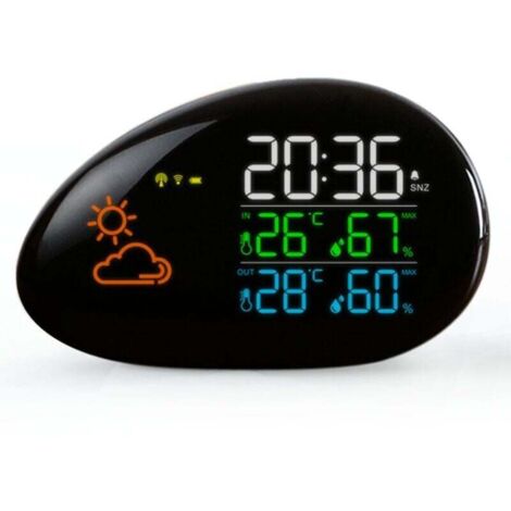 Stazione meteorologica radiocontrollata con sensore esterno e interno, temperatura, previsioni del tempo, umidità, display a colori LED, orologio, sveglia 1539761mm