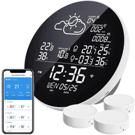 AIPERQ Stazione meteorologica WiFi, termometro esterno interno WiFi wireless con 3 sensori esterni, con schermo LCD