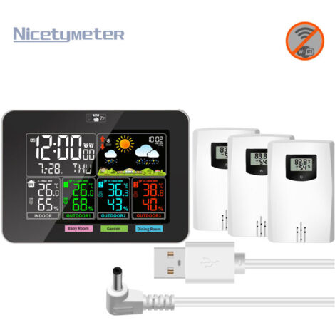 Stazione meteorologica wireless con 3 sensori, termometro igrometro digitale per interni/esterni, schermo LCD a colori, con calendario, orologio, sveglia, funzione snooze, previsioni di temperatura e 