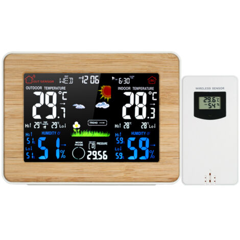 Stazione meteorologica wireless con display LCD a colori, sveglia, termometro per interni/esterni, igrometro/barometro con visualizzazione delle fasi lunari e funzione snooze.