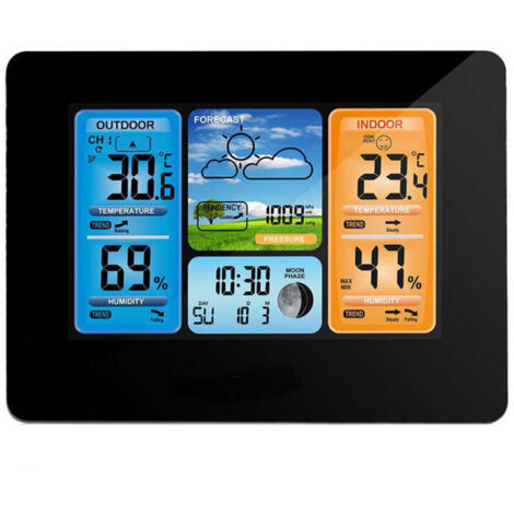 Stazione meteorologica wireless Jalleria: previsioni digitali a colori con allarme, temperatura, umidità, barometro, sveglia, fasi lunari e orologio meteo con sensore esterno (nero)