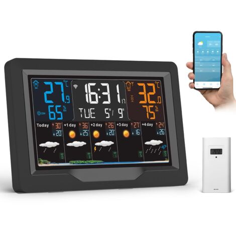 Stazione meteorologica wireless per interni ed esterni - Connessione Wi-Fi con previsioni a 5 giorni, schermo con 4 livelli di luminosità regolabili, termometro, igrometro e sensore di tempo, 3 svegli