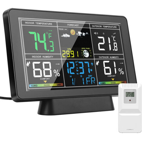 Stazione meteorologica wireless per interni/esterni, termometro, 7,5 pollici, previsioni del tempo, stazione meteorologica (nera)