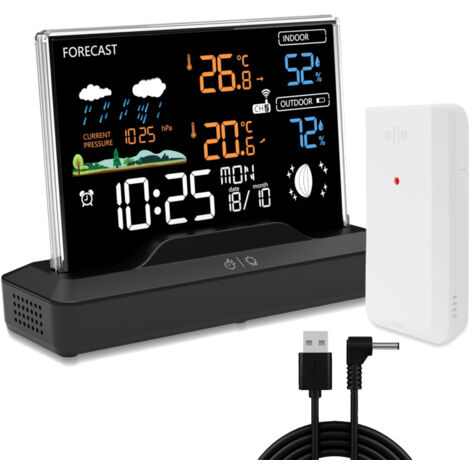 Stazione meteorologica wireless RF per la casa, con termometro, igrometro, previsioni, avvisi e orologio (nera)