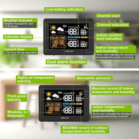 Stazione meteorologica wireless, termometro igrometro barometro per interni ed esterni con sensore LED RCC/DCF, display retroilluminato, orologio digitale, sveglia, nero