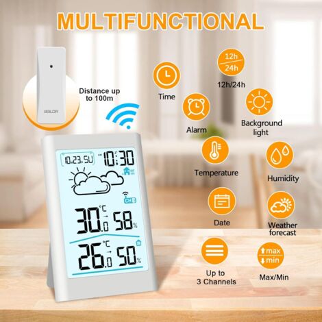 Stazione meteorologica wireless, termometro interno ed esterno, igrometro, barometro con sensore, schermo retroilluminato a LED, orologio digitale, sveglia e snooze, visualizzazione ora, data, giorno