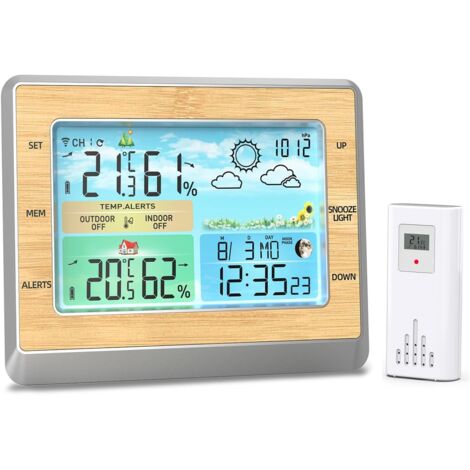 Stazione meteorologica wireless, termometro per interni ed esterni, display LED a colori da 6 pollici, monitor di temperatura e umidità con pressione barometrica, barra di comfort per fasi lunari