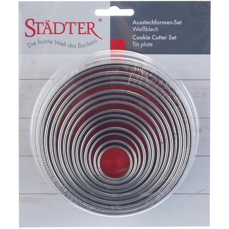 Image of Städter 009073 - Scatola con 14 anelli tagliapasta in lamiera stagnata liscia, scatola ø 12 cm, dimensione degli anelli da ø 2,5 a ø 11,5 cm