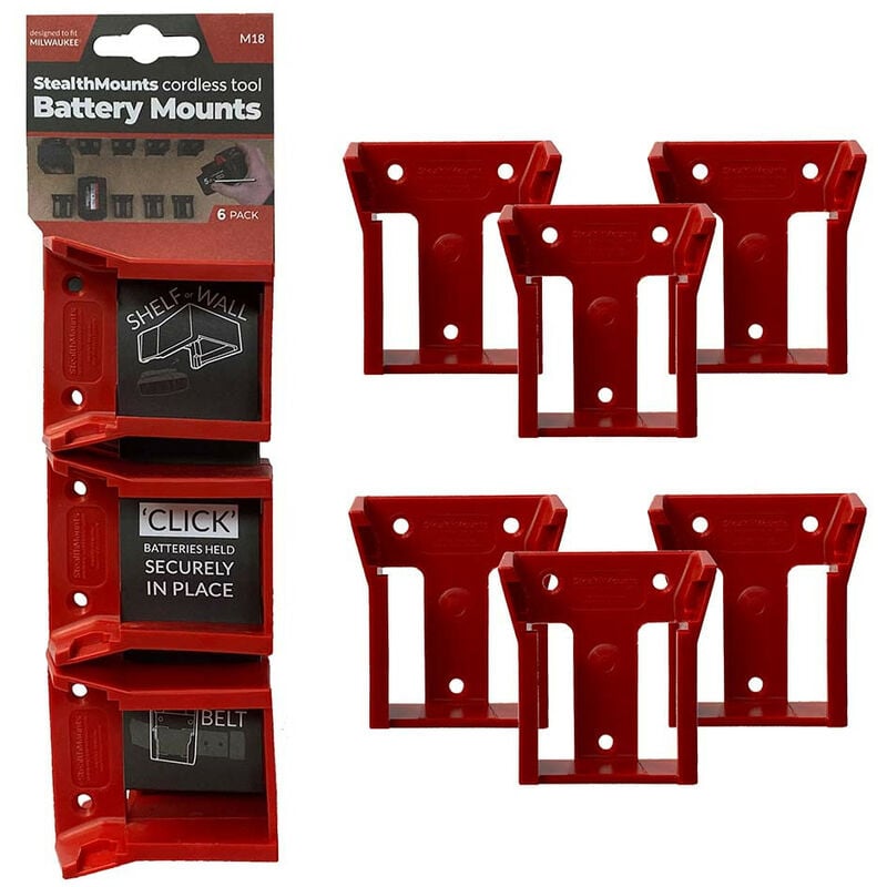 StealthMounts red Battery Mounts for Milwaukee M18 Batteries - Pack of 6 - n/a