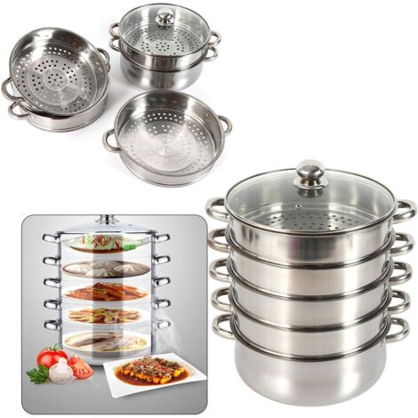 Steamer, pentola a vapore a lunga durata, in acciaio inox, con coperchio in vetro, per la casa (30 cm, 5 strati)