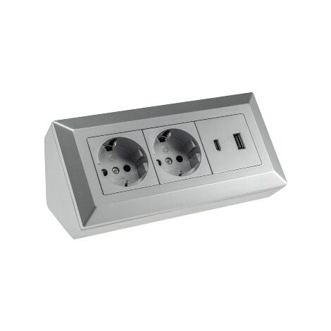 Steckdosenblock 2-Fach, USB-A, USB-C PD, Silber Grau
