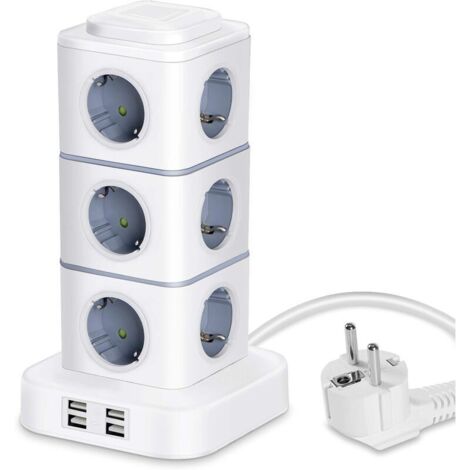 Steckdosenleiste in Turmform, 12 Steckdosen (2500 W / 10 A) mit 4 USB-Anschlüssen, Überspannungsschutz