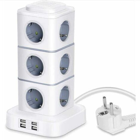 Steckdosenleiste in Turmform, 12 Steckdosen (2500 W / 10 A) mit 4 USB-Anschlüssen, Überspannungsschutz, vertikale Steckdosenleiste für Zuhause und Büro, 3 m Verlängerungskabel