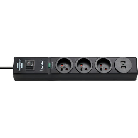 Steckdosenleiste mit Überspannungsschutz und USB-Ports HUGO 2m Kabel H05VV-F 3G1,5 3 Steckdosen – Schwarz