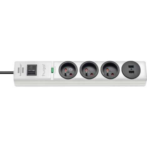 Steckdosenleiste mit Überspannungsschutz und USB-Ports HUGO 2m Kabel H05VV-F 3G1,5 3 Steckdosen - Weiß