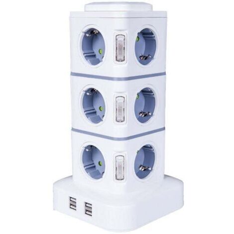 Steckdosenleiste Turm, 12 Fach Steckdosenleiste (2500W / 10A) mit 4 USB Ports, Mehrfachsteckdose Überspannungsschutz Vertikale Steckdosenleiste