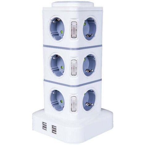 Steckdosenturm, 12-fach Steckdosenleiste (2500 W / 10 A) mit 4 USB-Anschlüssen, mehrere Steckdosen, Überspannungsschutz, vertikale Steckdosenleiste für das Home Office, 3 m Verlängerungskabel