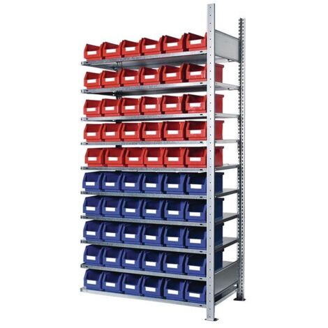Steckregal H2000xB1000xT300mm Anbauregal 10 Stahlböden 30 x Gr. 5 blau, 30 x Gr. 5 rot