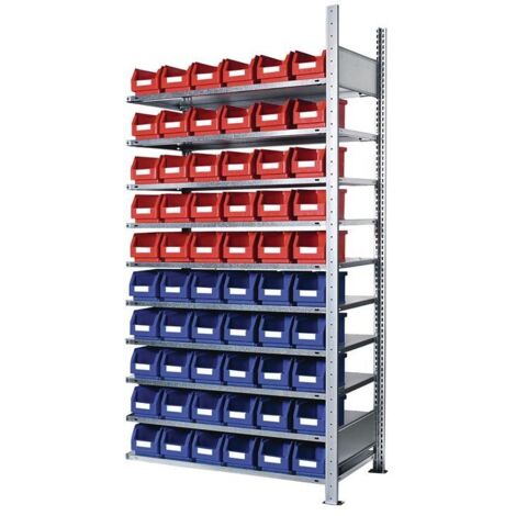 Steckregal H2000xB1000xT300mm Anbauregal 10 Stahlböden 30 x Gr. 6 blau, 30 x Gr. 6 rot