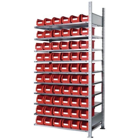 Steckregal H2000xB1000xT300mm Anbauregal 10 Stahlböden 60 x Gr. 6 rot