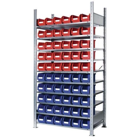 Steckregal H2000xB1000xT300mm Grundregal 10 Stahlböden 30 x Gr. 6 blau, 30 x Gr. 6 rot