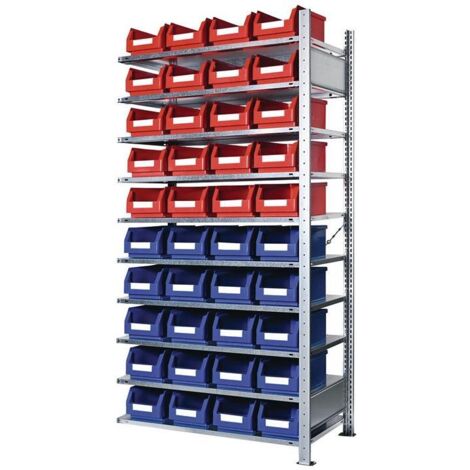 Steckregal H2000xB1000xT400mm Anbauregal 10 Stahlböden 20 x Gr. 4 blau, 20 x Gr. 4 rot